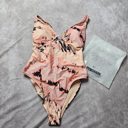 Gymshark Women’s One Piece Swimsuit – Peach Abstract Size M
